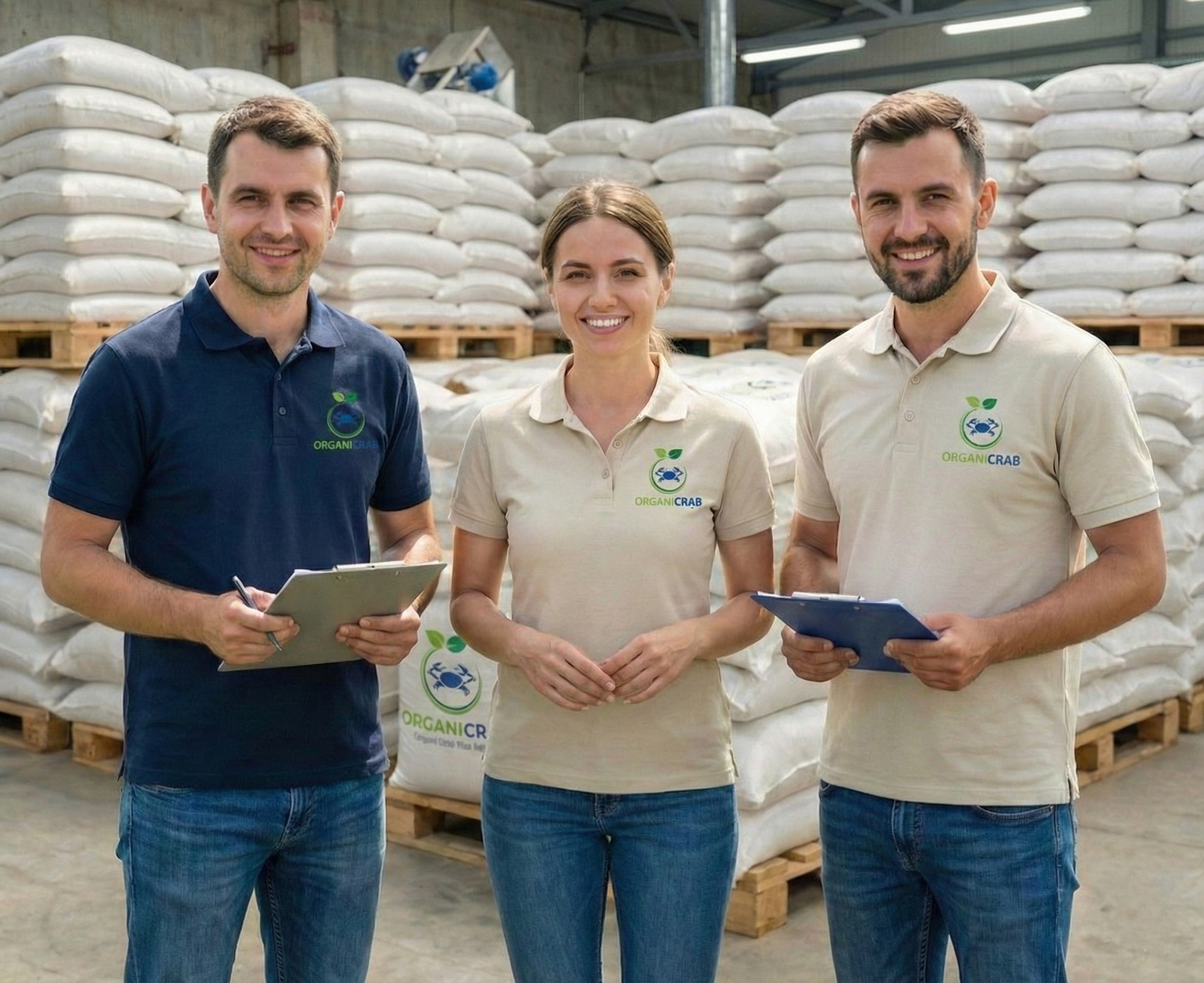 Equipo OrganiCrab en planta de producción con sacos de producto